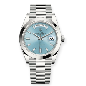 Pre-owned Rolex Day-Date 40mm Platinum Ice Blue Baguette Dial 228206