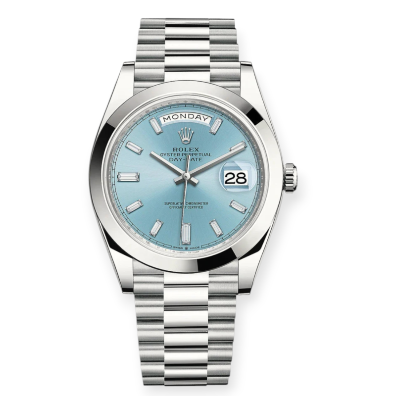Pre-owned Rolex Day-Date 40mm Platinum Ice Blue Baguette Dial 228206
