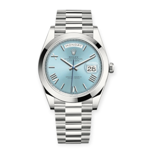 Pre-owned Rolex Day-Date 40mm Platinum Ice Blue Roman Numeral Dial 228206