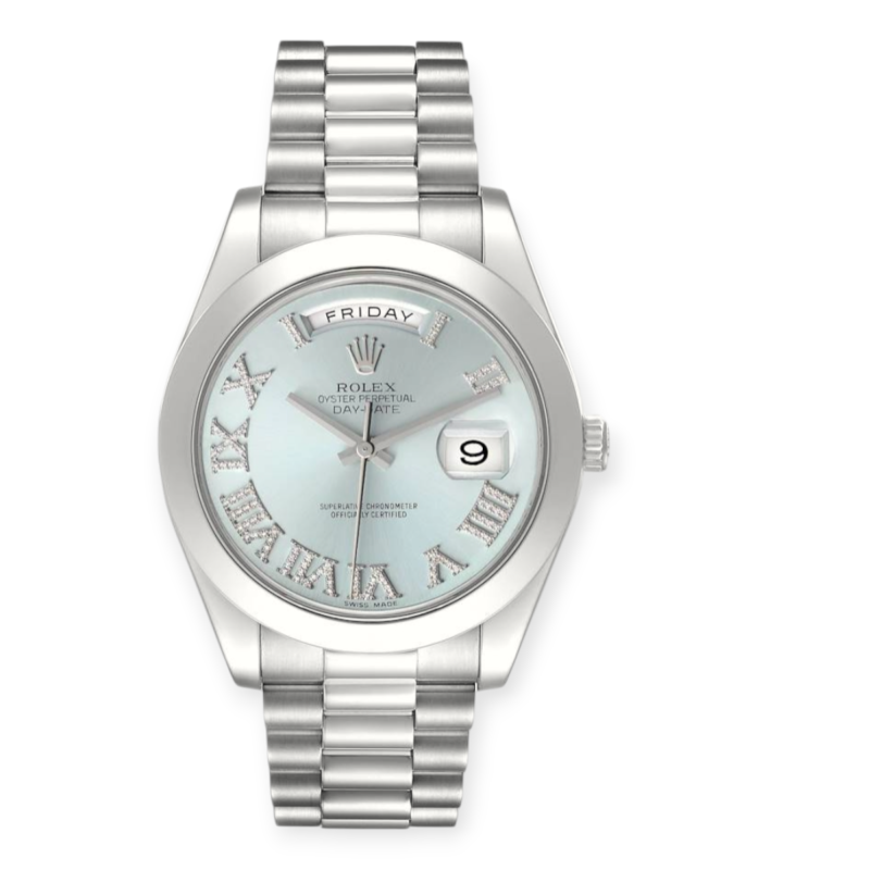 Pre-owned Rolex Day-Date 41mm Platinum Ice Blue Roman Numerals Diamond Marker 218206