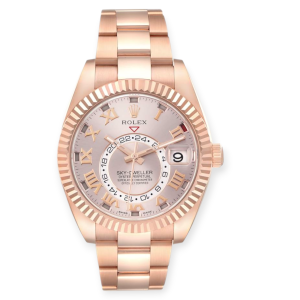 Pre-owned Rolex Sky-Dweller Rose Gold 42mm Roman Numeral Sundust Pink Dial 326935