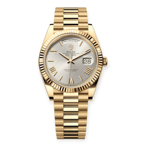 Pre-owned Rolex Day-Date Yellow Gold 40mm Silver Roman Dial 228238