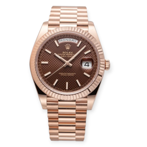 Pre-owned Rolex Day-Date Rose Gold 40mm Choco-Diagonal Motif Index Dial 228235