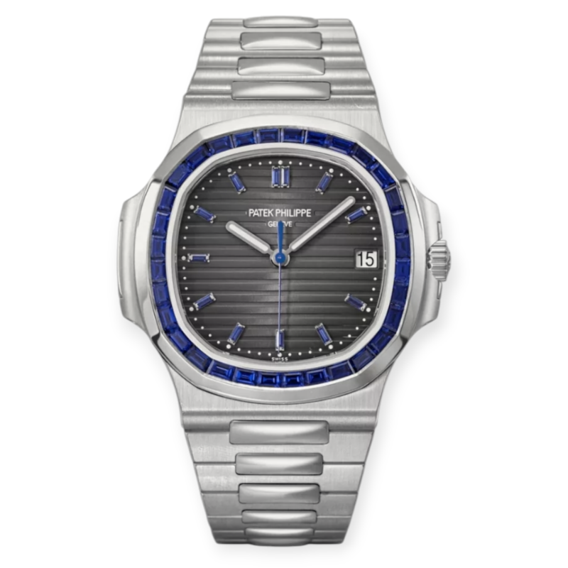 Pre-owned Patek Philippe Nautilus Full Platinum 40mm Blue Sapphire Bezel 5711/111P-001