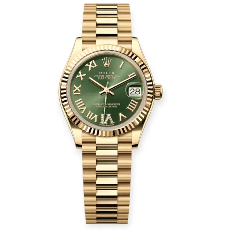 Pre-owned Rolex DateJust Full Yellow Gold Olive Green Dial President Bracelet 278278