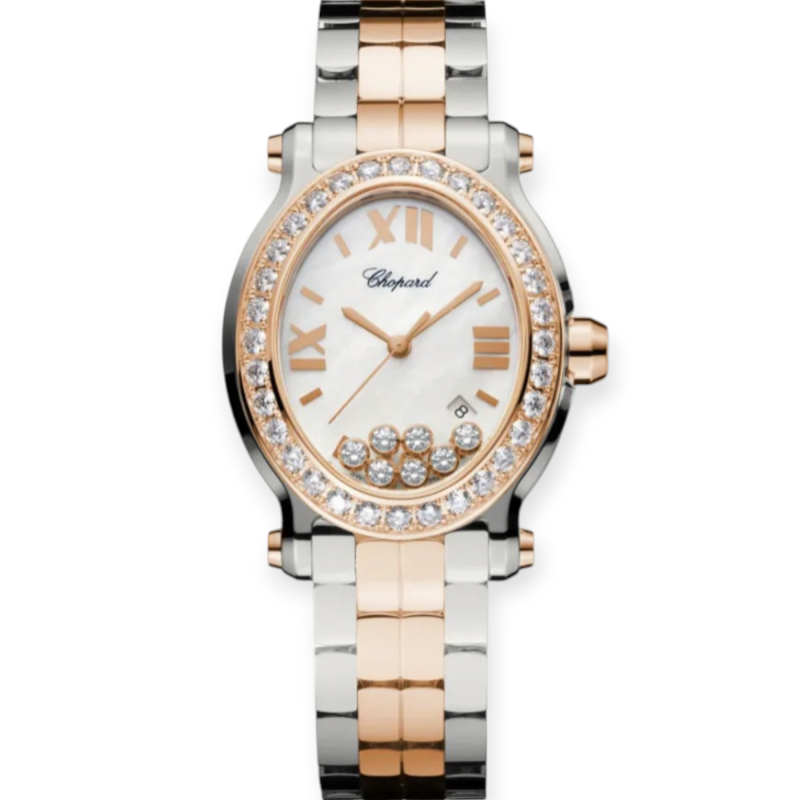 Pre-Owned Chopard Happy Sport Oval Diamond Steel & Rose Gold Mother Of Pearl 278546-6004