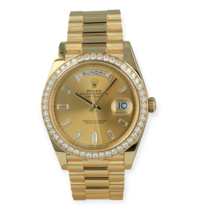 Pre-owned Rolex Day-Date Full Yellow Gold 40mm Champagne Baguette Dial Diamond Bezel 228348RBR