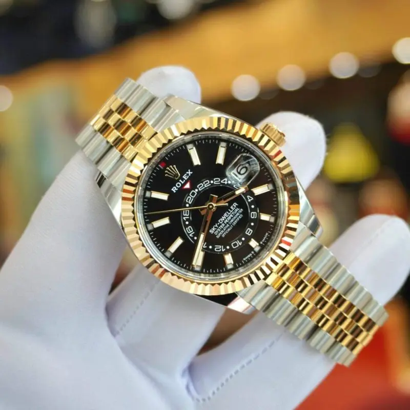 Pre-owned Rolex Sky-Dweller Steel & Gold 42MM Black Index-Dial Fluted Bezel Jubilee 336933-0004