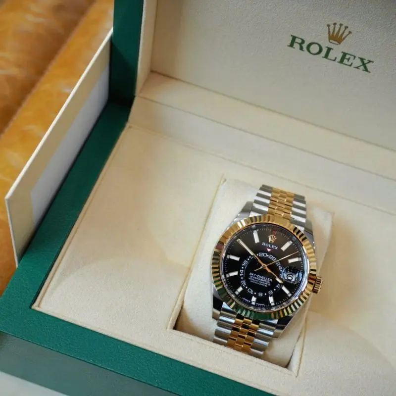 Pre-owned Rolex Sky-Dweller Steel & Gold 42MM Black Index-Dial Fluted Bezel Jubilee 336933-0004