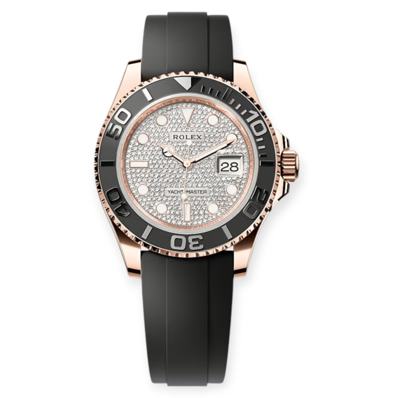 Pre-owned Rolex Yacht Master Rose Gold 40mm Diamond-Paved Dial Oysterflex 126655
