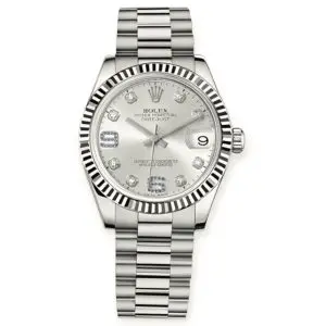 Pre-Owned Rolex DateJust 31mm White Gold Silver Diamond Sapphire Arabic 6 & 9 Dial President Bracelet 178279
