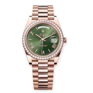 Pre-Owned Rolex Day-Date II 40mm Rose Gold Olive Green Dial Diamond-Set Bezel President Bracelet 228345RBR