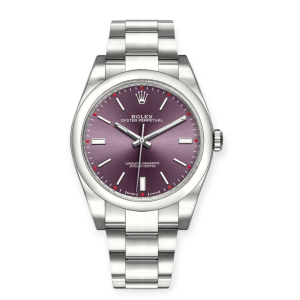 Pre-owned Rolex Oyster Perpetual Full Steel 39mm Red Grape Dial Oyster 114300