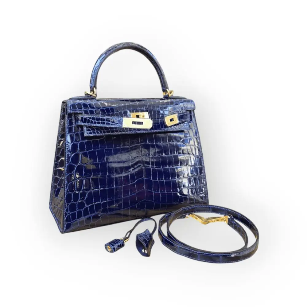 Pre-Owned Hermes Sac Kelly II Sellier 28 Crocodile Niloticus Lisse Blue Sapphire GHW - Image 3