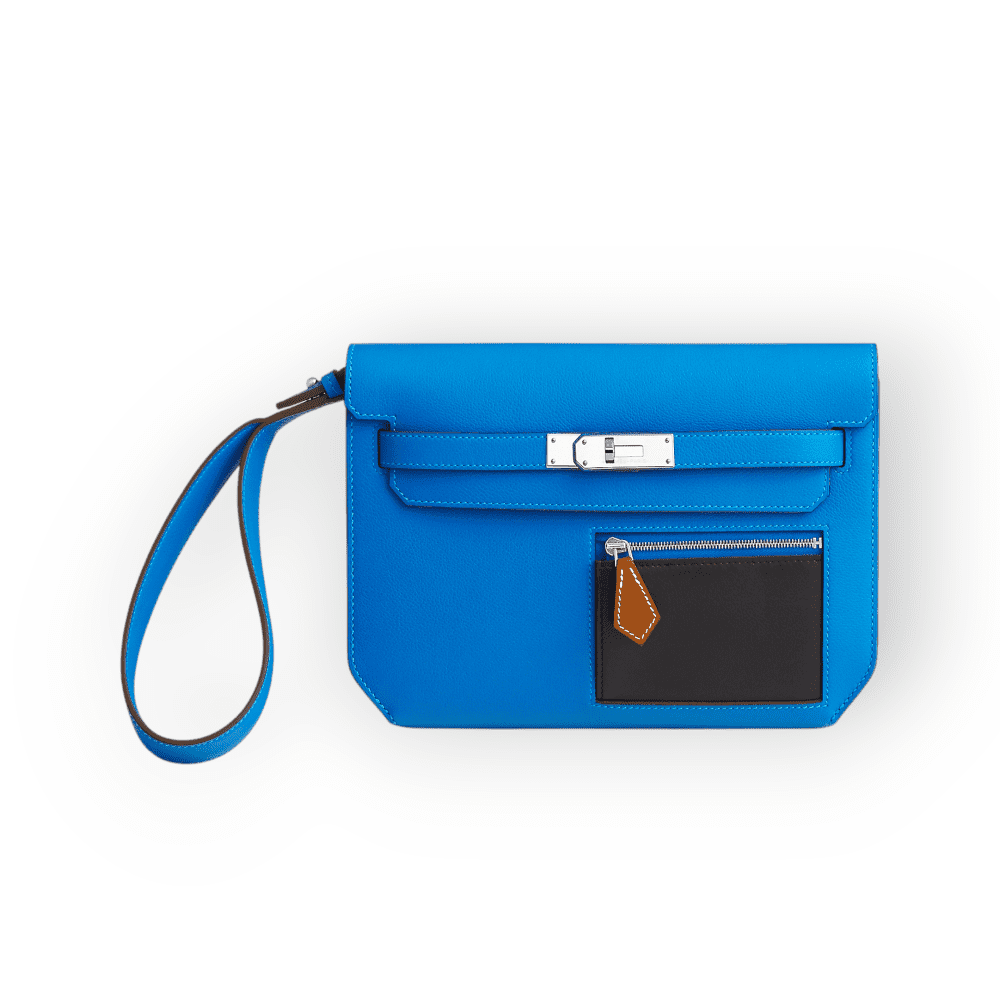 Pre-Owned Hermes Kelly Depeche 25 Pouch Blue Hydra Black Fauve Evercolor Evergrain Barenia Colormatic