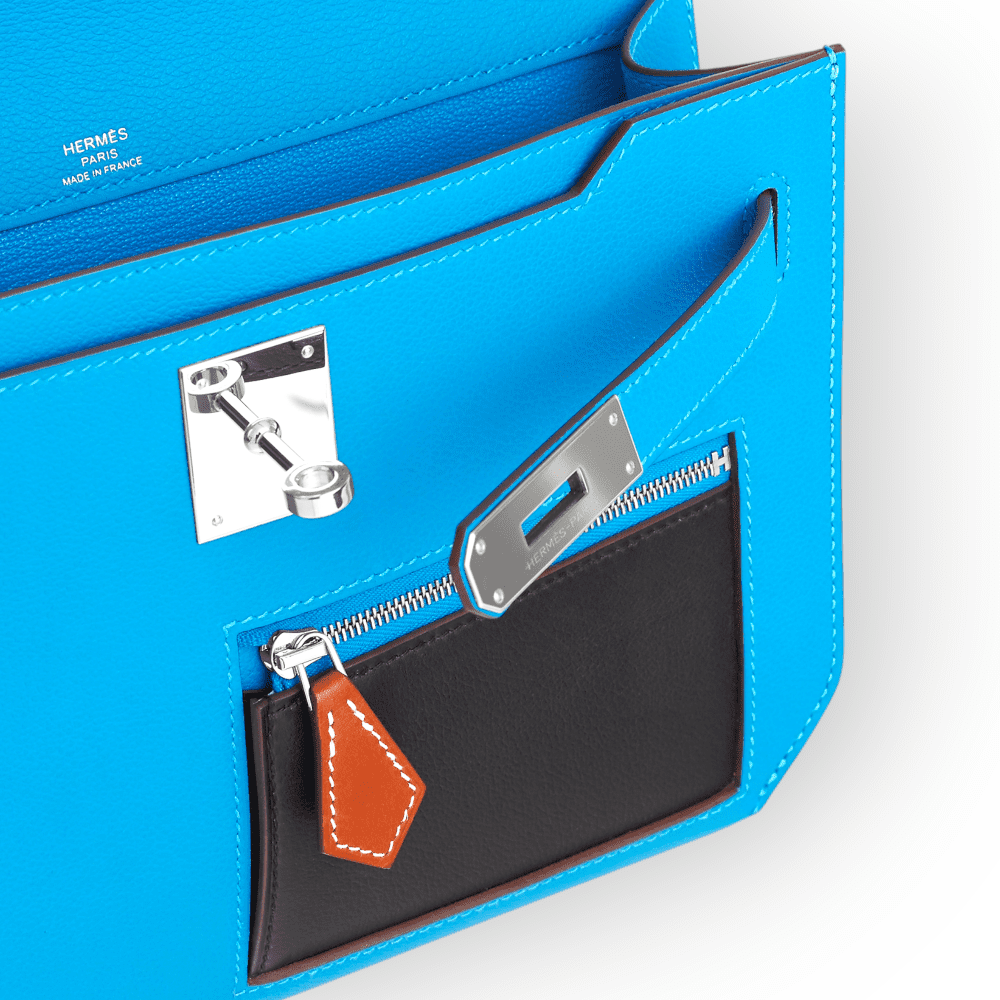 Pre-Owned Hermes Kelly Depeche 25 Pouch Blue Hydra Black Fauve Evercolor Evergrain Barenia Colormatic - Image 3