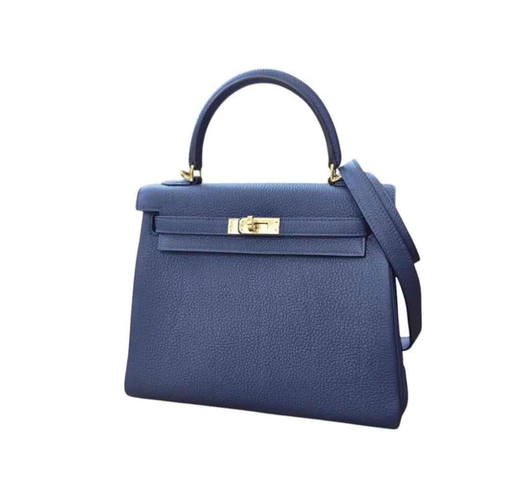 Pre-Owned Hermes Kelly 25 Bleu Nuit Togo Leather With Gold Hardware - Image 5