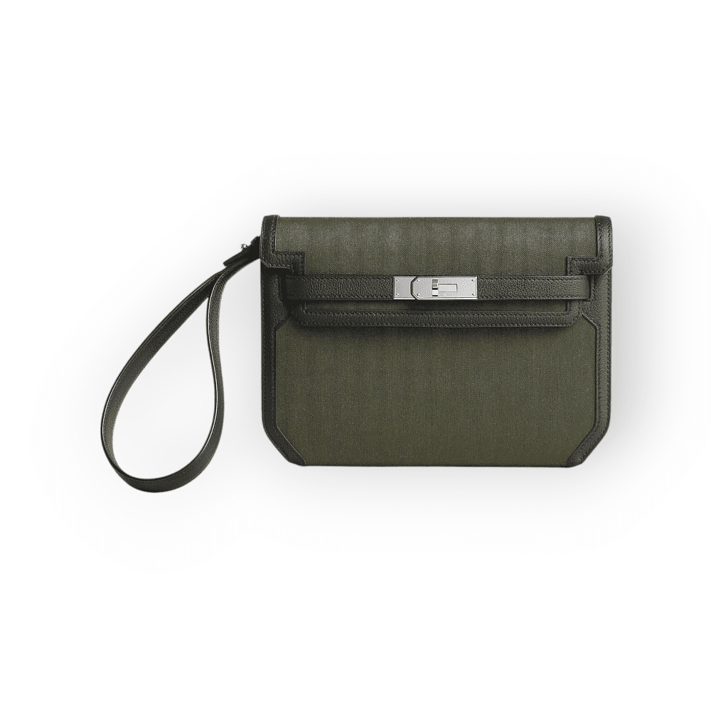 Pre-Owned Hermes Kelly 25 Depeche Vert Militaire Black Toile Togo