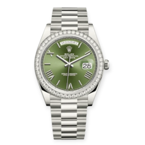 Pre-Owned Rolex Day-Date 40mm White Gold Diamond Bezel Set Green Roman Index Dial 228349RBR-0030