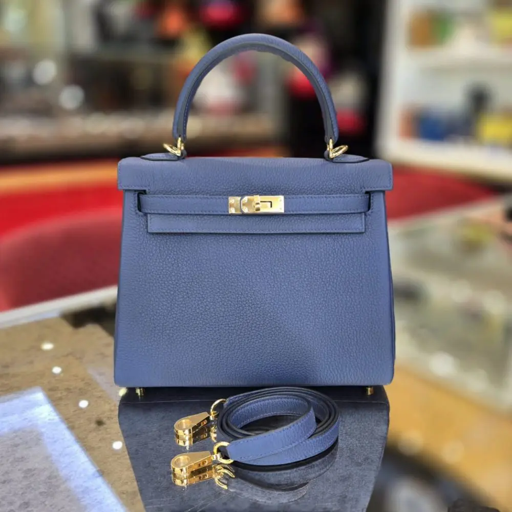Pre-Owned Hermes Kelly 25 Bleu Nuit Togo Leather With Gold Hardware
