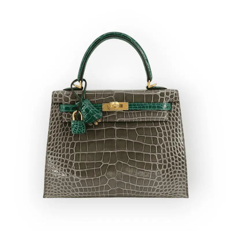Pre-Owned Hermes Sac Kelly 28 Sellier Shiny Crocodile Gris Tourterelle / Vert  Emerald With Gold Hardware