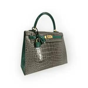 Pre-Owned Hermes Sac Kelly 28 Sellier Shiny Crocodile Gris Tourterelle / Vert  Emerald With Gold Hardware