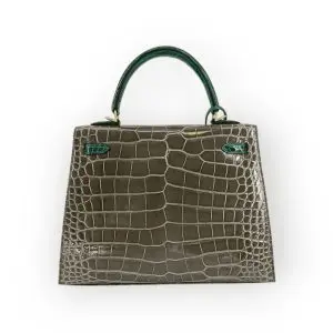 Pre-Owned Hermes Sac Kelly 28 Sellier Shiny Crocodile Gris Tourterelle / Vert  Emerald With Gold Hardware