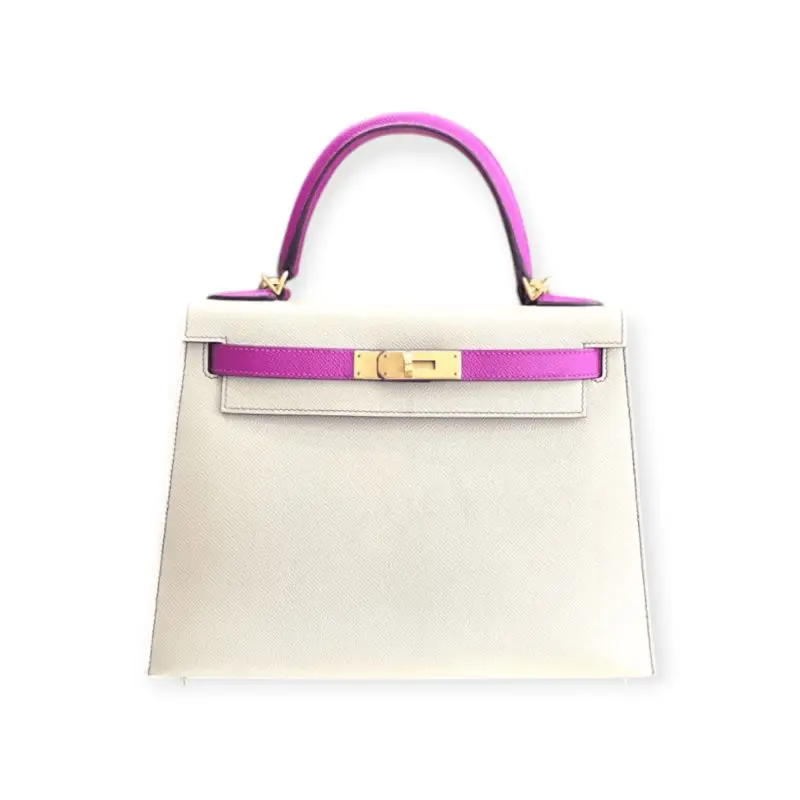 Pre-Owned Hermes Kelly 28 Sellier Horseshoe Epsom Leather Bi-Color Craie Rose Pourpre/ Purple GHW
