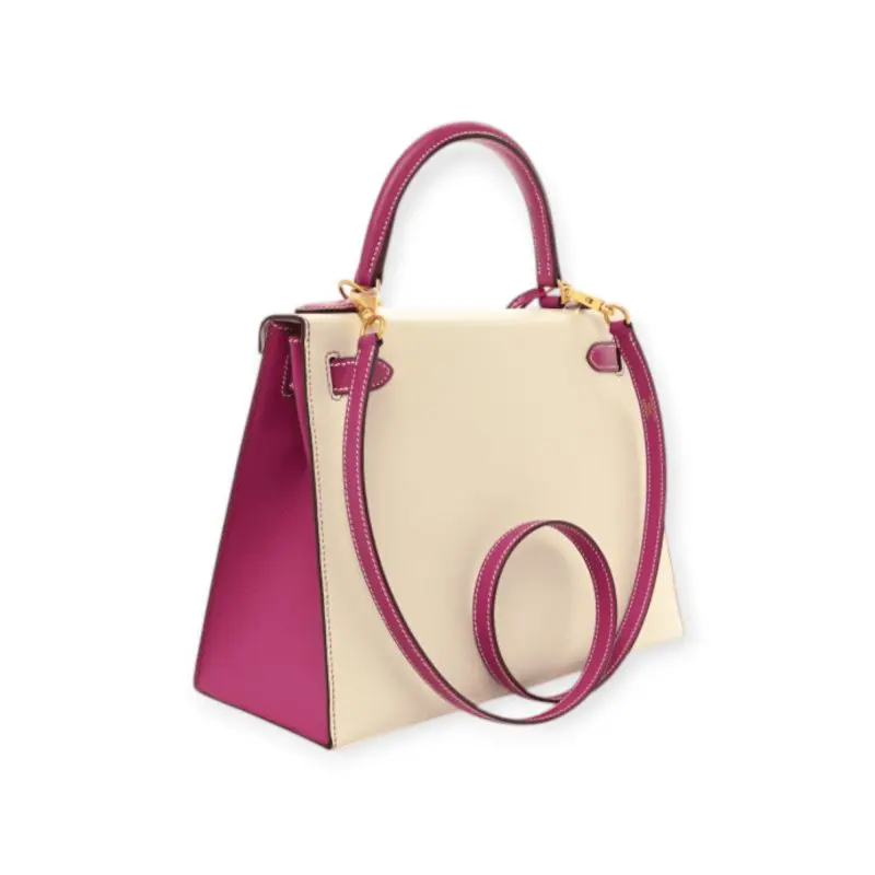 Pre-Owned Hermes Kelly 28 Sellier Horseshoe Epsom Leather Bi-Color Craie Rose Pourpre/ Purple GHW