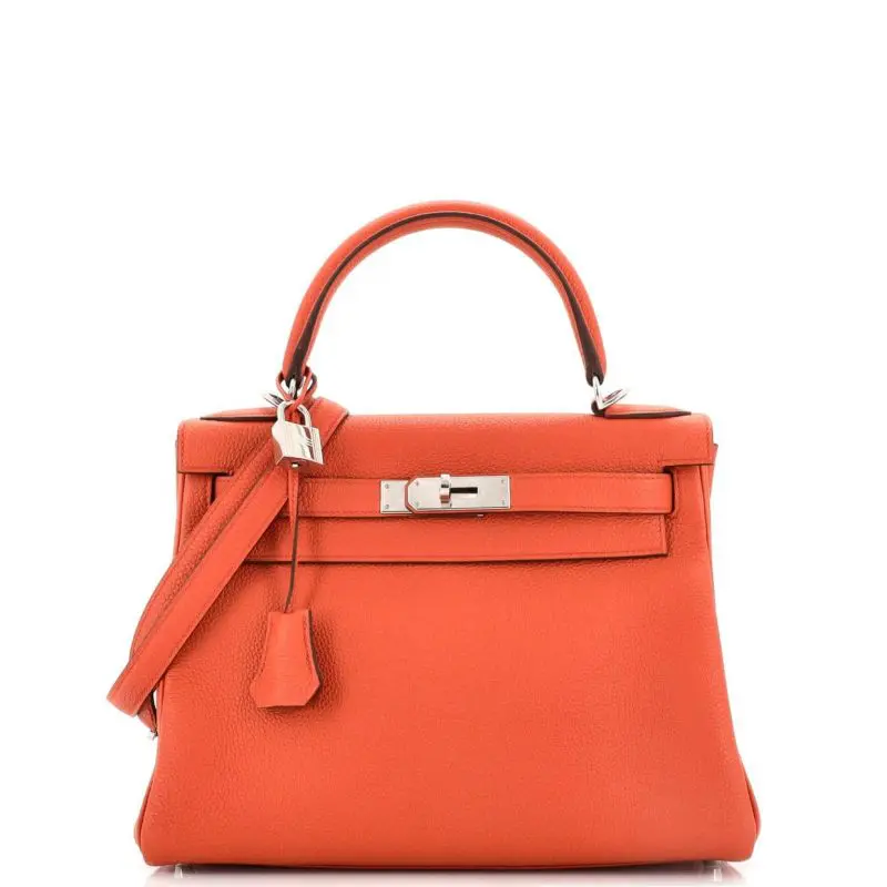 Pre-Owned Hermes Sac Kelly 28 Retourne Taurillon Clemence Leather Feu with Palladium Hardware