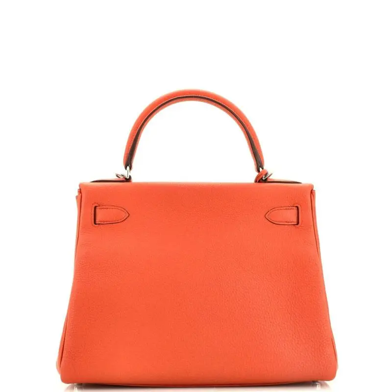 Pre-Owned Hermes Sac Kelly 28 Retourne Taurillon Clemence Leather Feu with Palladium Hardware