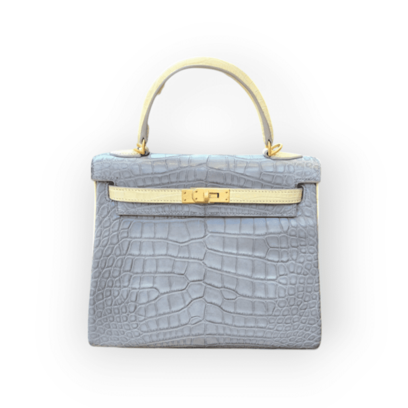 Pre-Owned Hermes Kelly 25 Gris Perle & Mimosa Alligator Leather With GHW