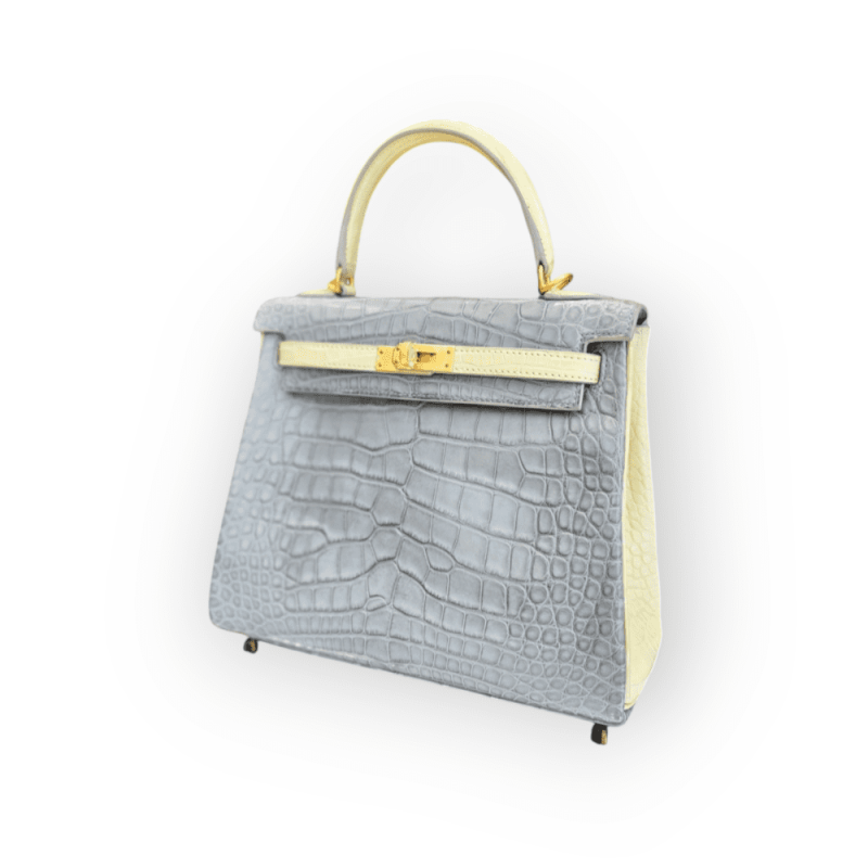 Pre-Owned Hermes Kelly 25 Gris Perle & Mimosa Alligator Leather With GHW