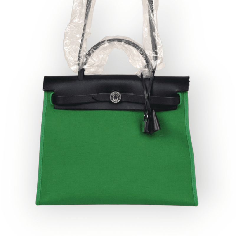 Pre-Owned Hermes Herbag Zip 31 Bambou Toile H/ Bleu Indigo Vache Hunter Leather Palladium Hardware