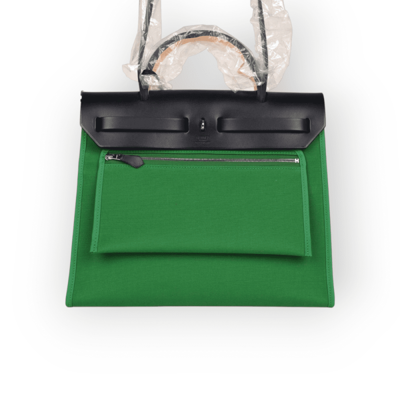 Pre-Owned Hermes Herbag Zip 31 Bambou Toile H/ Bleu Indigo Vache Hunter Leather Palladium Hardware