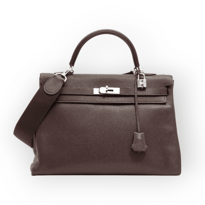 Pre-Owned Hermes Kelly 32 Retourne Cocoa Color Togo Leather With Palladium Hardware