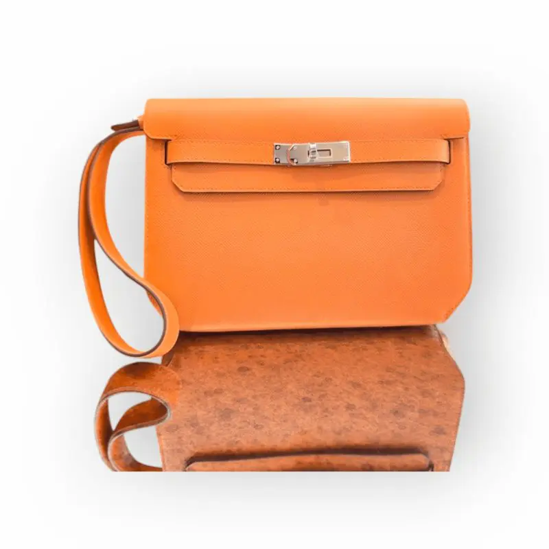 Pre-Owned Hermes Kelly Depeche 25 Pouch Orange Epsom Leather With Palladium Hardware