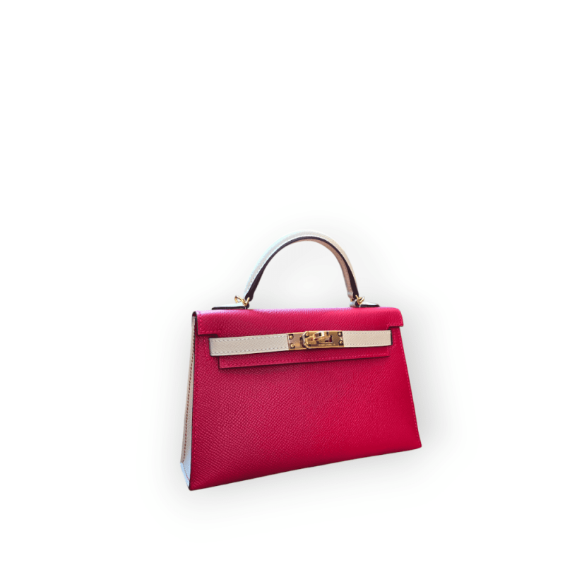 Pre-Owned Hermes Mini Kelly 20 Sellier Veau Epsom Perso Bi-Color Craie Rouge De Coeur With Gold Hardware