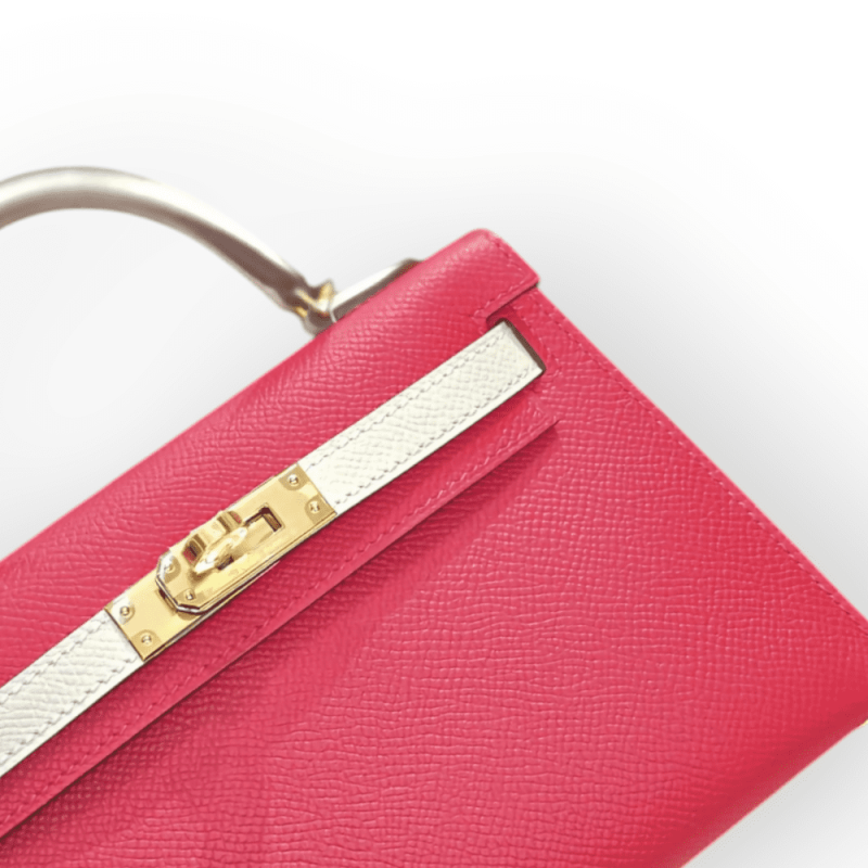 Pre-Owned Hermes Mini Kelly 20 Sellier Veau Epsom Perso Bi-Color Craie Rouge De Coeur With Gold Hardware