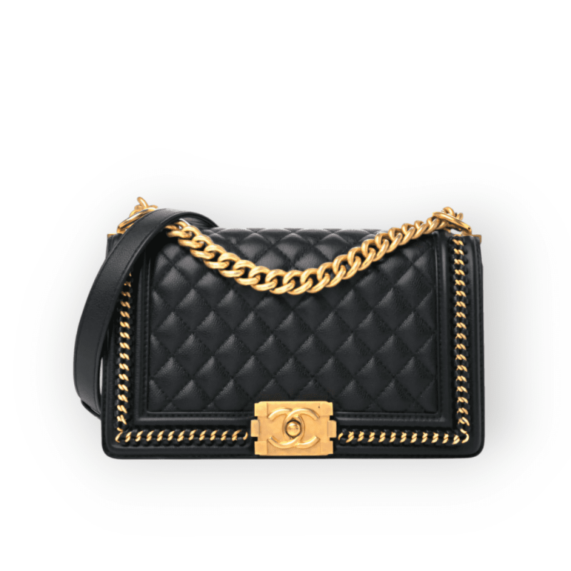 Pre-Owned Chanel Boy Medium Black Color Quilted With Handle Calfskin Aged Gold Hardware