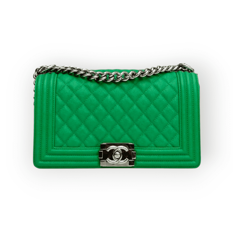 Pre-Owned Chanel Boy Medium Green Caviar Quilted Shiny Silver