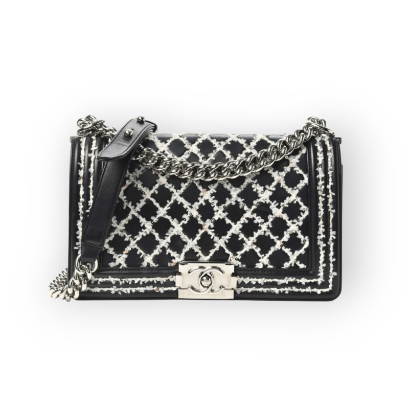 Pre-Owned Chanel Medium Boy White Embroidered Lambskin Black Colour Quilted Tweed and Sequins Stitch