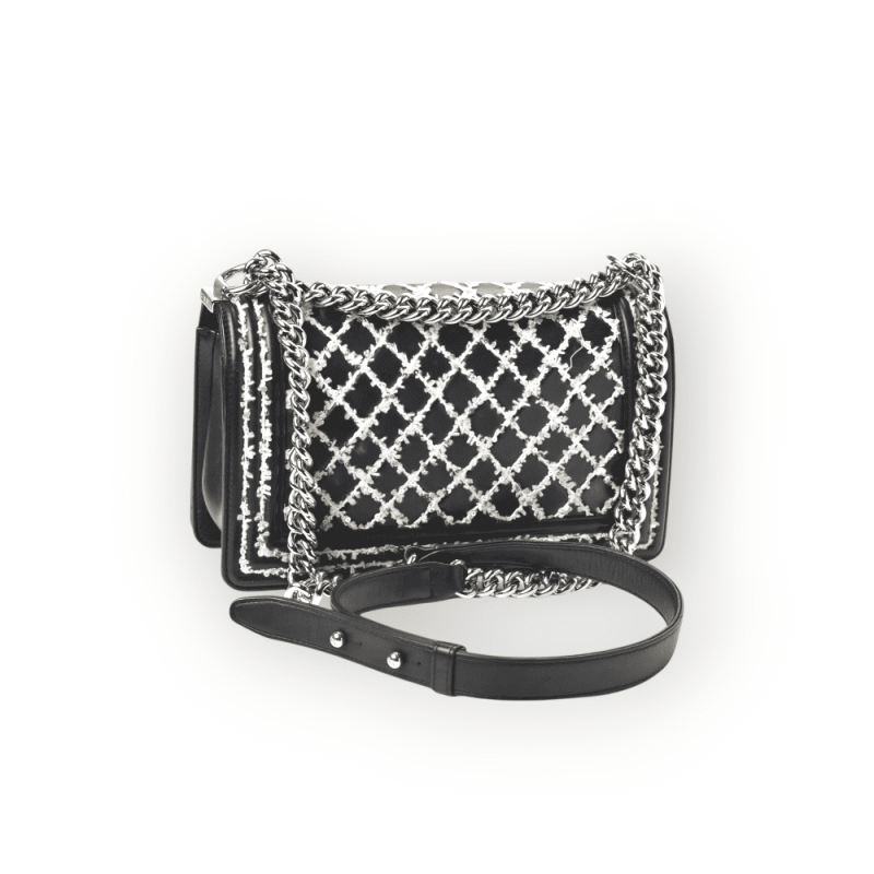 Pre-Owned Chanel Medium Boy White Embroidered Lambskin Black Colour Quilted Tweed and Sequins Stitch