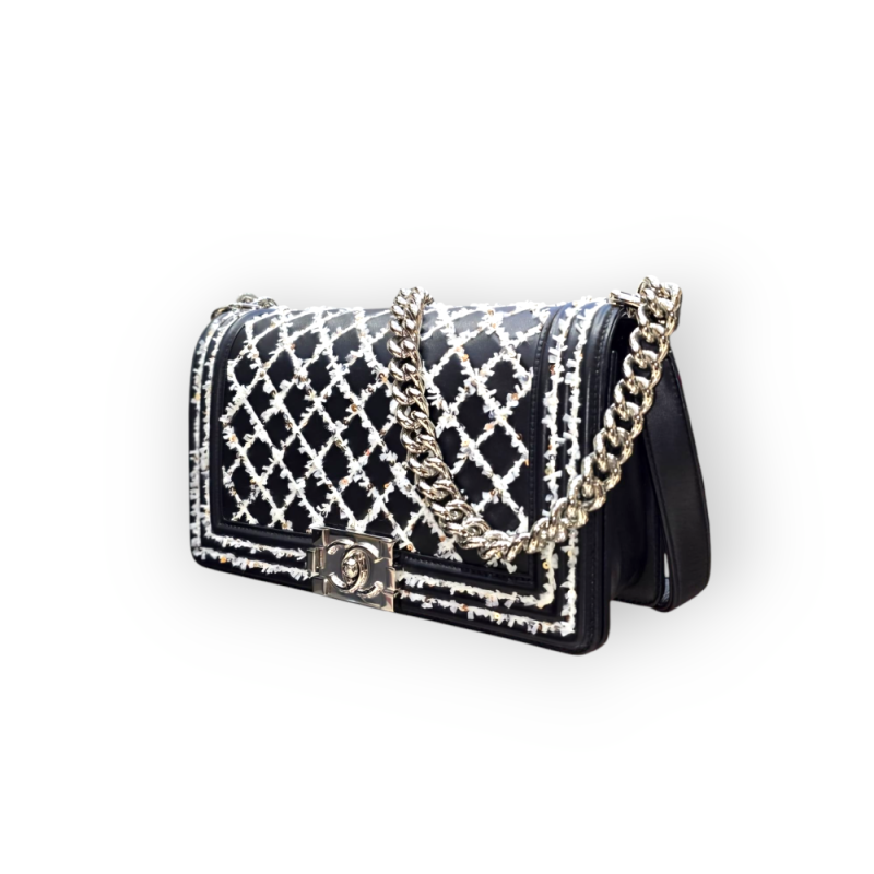 Pre-Owned Chanel Medium Boy White Embroidered Lambskin Black Colour Quilted Tweed and Sequins Stitch