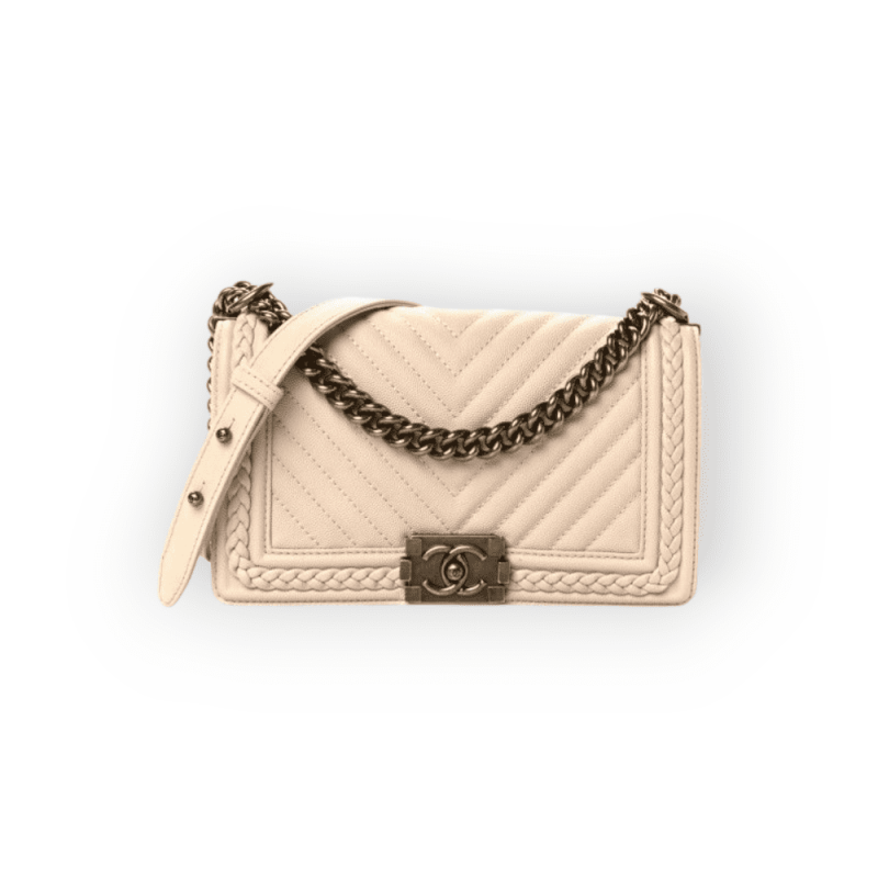 Pre-Owned Chanel Boy Medium Limited Chevron Caviar Braided Quilted Beige Aged Gold