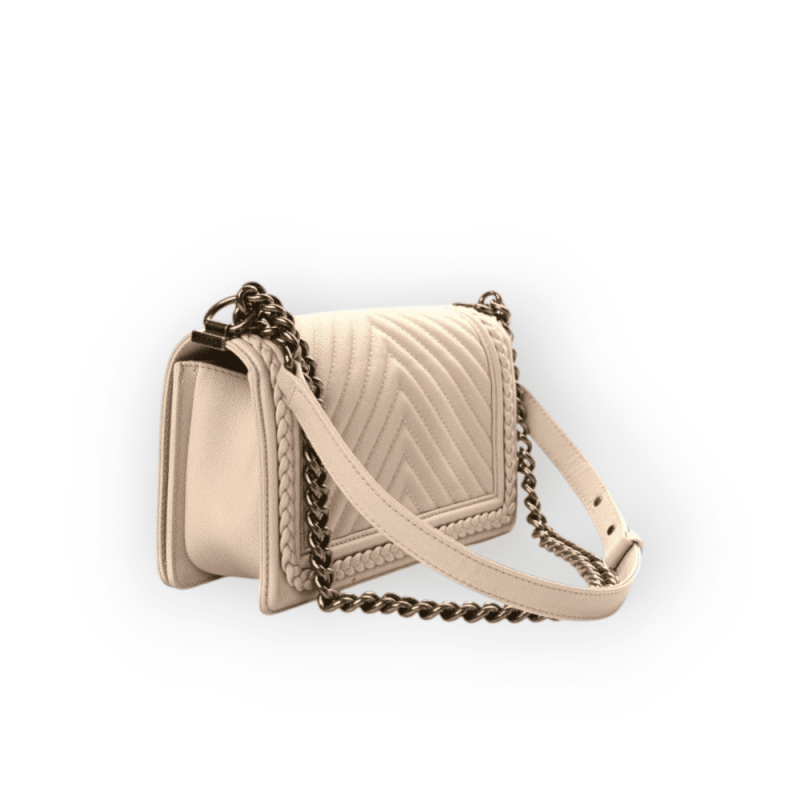 Pre-Owned Chanel Boy Medium Limited Chevron Caviar Braided Quilted Beige Aged Gold