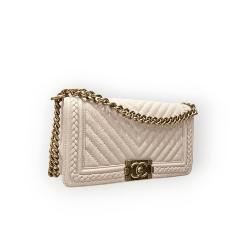 Pre-Owned Chanel Boy Medium Limited Chevron Caviar Braided Quilted Beige Aged Gold