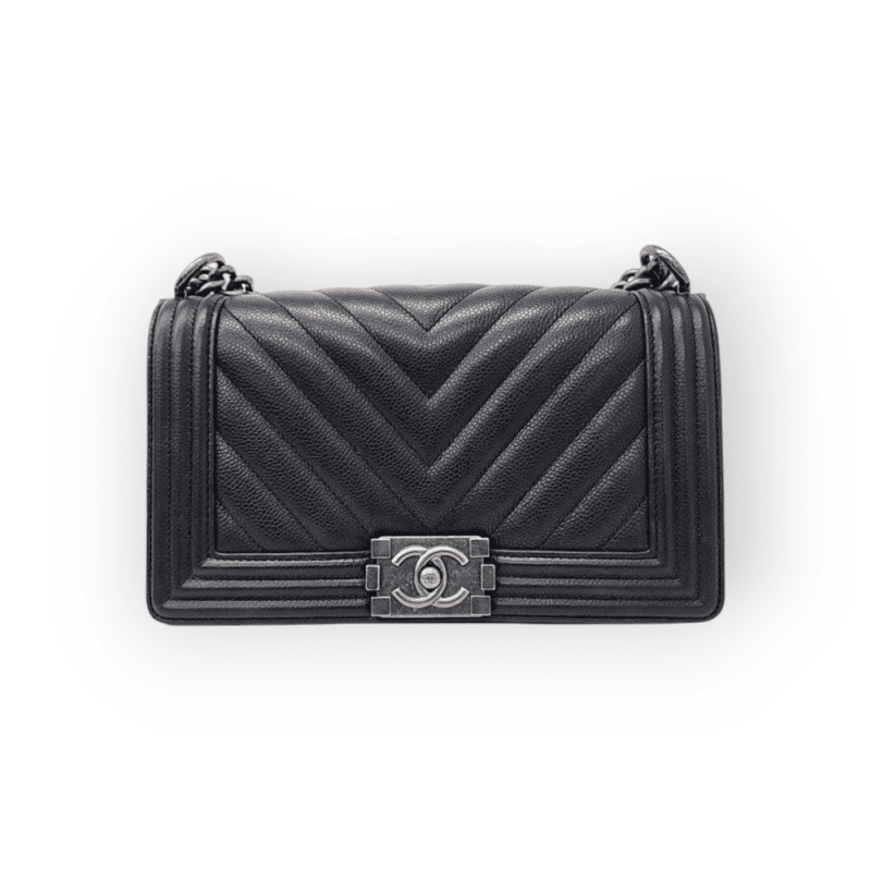 Pre-Owned Chanel Caviar Chevron Leather Quilted New Medium Size Boy Flap Black