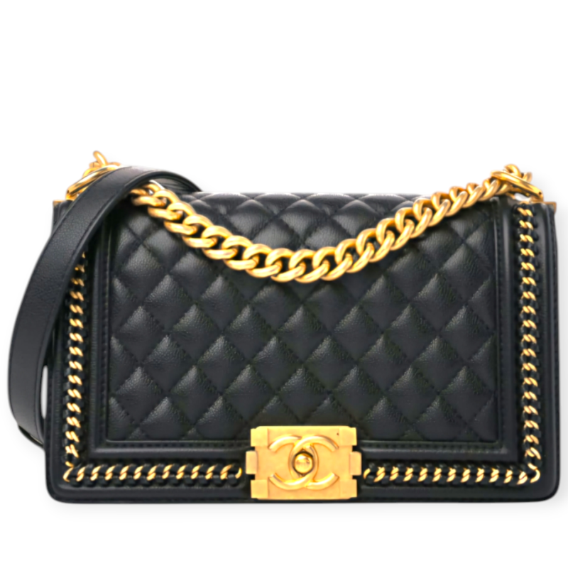 Pre-Owned Chanel Boy Medium Black Color Quilted With Handle Calfskin Aged Gold Hardware