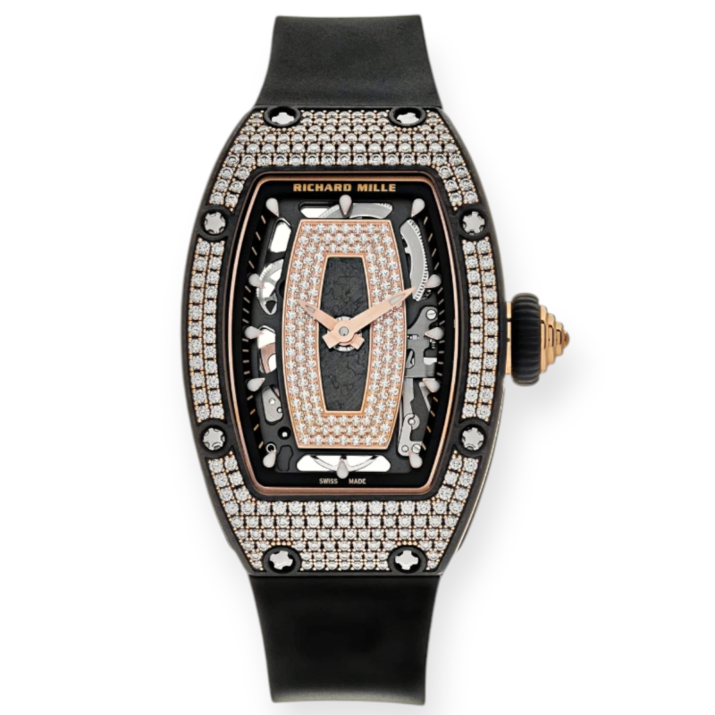 Pre-owned Richard Mille RM 07-01 Rose Gold Carbon TPT Diamond Bezel Black Rubber Strap